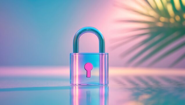 Transparent padlock with pink keyhole illuminated by vibrant neon lights and palm leaf shadows