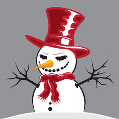 Evil creepy snowman in a high hat isolated on white background.	