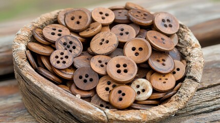 Obraz premium Brown Coconut Shell Buttons in Rustic Wooden Bowl