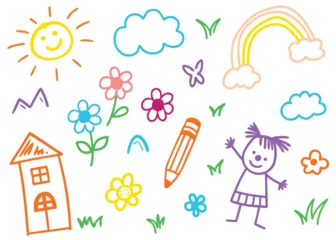 Cartoon illustration of a set of fun children drawing a rainbow with their family on a summer day