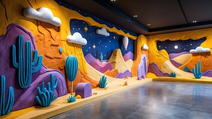 Whimsical desert landscape with colorful mountains cacti clouds and a hot air balloon under a starry night sky