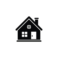 Black SingleStory House Icon with Chimney, White Door, and Round Upper Window