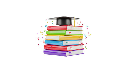 Graduation stack of books 3d rendered, isolated on transparent background
