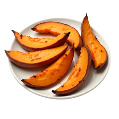Roasted sweet potato slices on a white plate isolated on transparent background