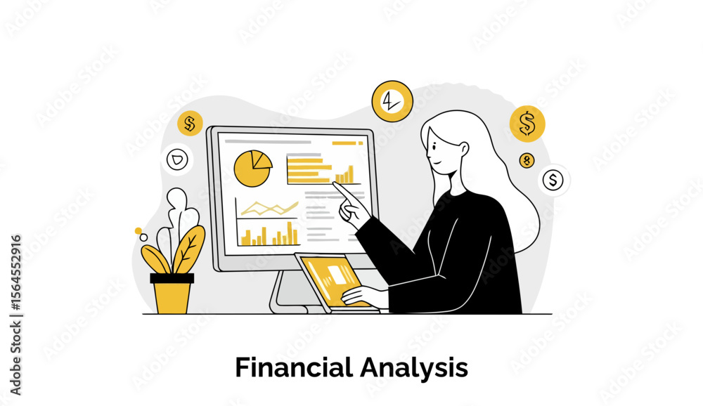 Poster young woman in business attire analyzing financial data on a computer screen in a modern office sett