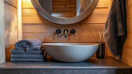 Modern bathroom, wood walls, stone sink, towels.