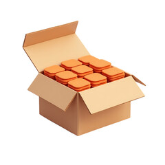 Cardboard box filled with stacks of orange square objects isolated on transparent background