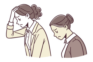 Two women in business attire appear distressed one holding her head in despair while the other looks down sadly