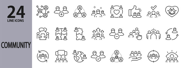 Community line icons set with People, Teamwork, Friends, Together, Team, Partnership, Society and more. Editable Stroke