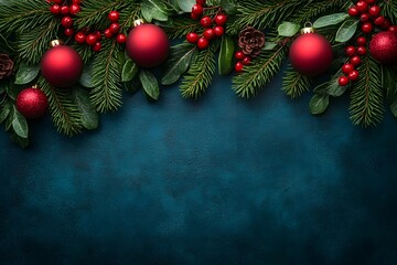 Festive Christmas Decoration with Pine Branches and Red Ornaments for Holiday Design