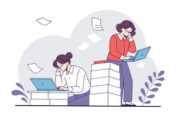 Overwhelmed office workers struggling with heavy workloads and stress while using laptops amidst scattered papers and tall stacks of documents