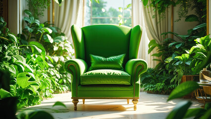 Obraz premium A luxurious green velvet armchair sits amidst a beautiful indoor garden, bathed in sunlight.