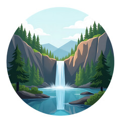 Beautiful waterfall cascading into a serene lake surrounded by pine trees and mountains isolated on transparent background