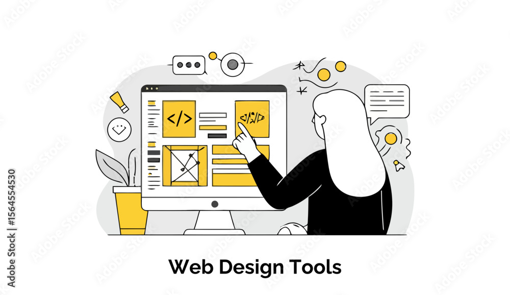 Poster Female web designer reviewing web design tools on a computer screen in a modern workspace. Female web developer pointing at a webpage layout using design tools.