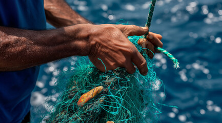 Close-up of a fisherman's weathered hands untangling a rope from vibrant green fishing nets by the ocean.