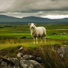 A single sheep stands calmly on lush green Irish countryside with mountains in the distance under a moody sky.
