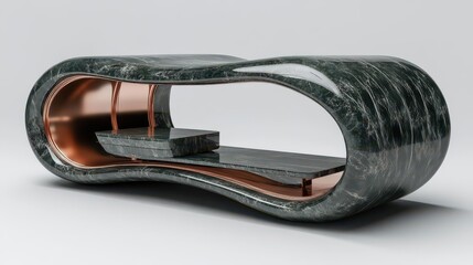 Curved Marble Coffee Table with Copper Accents