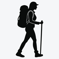 Active Woman Hiking with Trekking Poles Silhouette