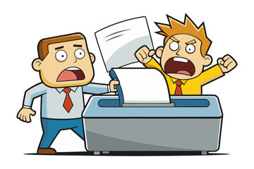 Frustrated businessmen argue over a paper shredder as one tries to feed documents into the machine while the other protests