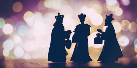 Three wise men silhouettes in a Christmas nativity scene. Religious Holiday and Christian tradition for greeting card. Epiphany celebration concept.