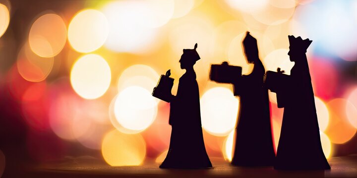 Three wise men figurine silhouette with bright bokeh light. Christmas nativity scene with magi. Epiphany holiday.