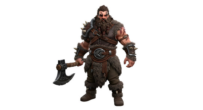 Fototapeta Dwarf Warrior with Axe 3d rendered, isolated on transparent background