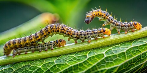 Insect larvae feeding on plant leaves and stems in a close-up view