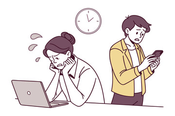 Two stressed individuals one working on a laptop and the other on a phone looking worried under a clock indicating pressure