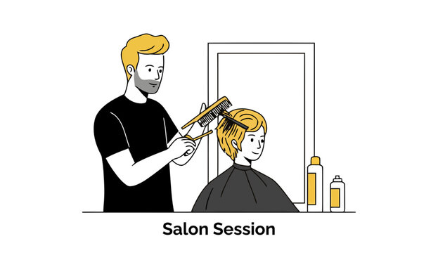 A male hairdresser styling a customer's blonde hair in a salon. A male client receiving a hair treatment from a male hairdresser in a salon.