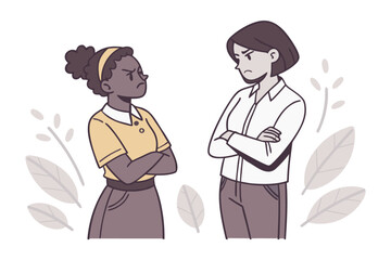 Two women with arms crossed and angry expressions facing each other in a stylized illustration with decorative leaves
