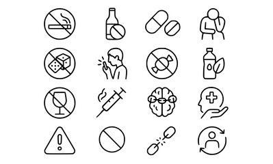 Addiction Recovery and Mental Health Icon Set - Substance Abuse, Healthcare, Support, Wellness Vector Icons