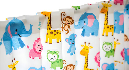 Fototapeta premium Close-up Shows Cartoon Animals Pattern on Fabric, Featuring Giraffe, Elephant, Monkey