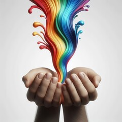 Two hands release vivid rainbow streams that swirl upward, symbolizing boundless creativity, diversity, freedom, spiritual flow, and expressive imagination. AI generated.
