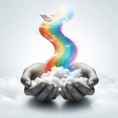 Two hands release vivid rainbow streams that swirl upward, symbolizing boundless creativity, diversity, freedom, spiritual flow, and expressive imagination. AI generated.
