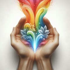 Two hands release vivid rainbow streams that swirl upward, symbolizing boundless creativity, diversity, freedom, spiritual flow, and expressive imagination. AI generated.
