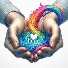 Two hands release vivid rainbow streams that swirl upward, symbolizing boundless creativity, diversity, freedom, spiritual flow, and expressive imagination. AI generated.
