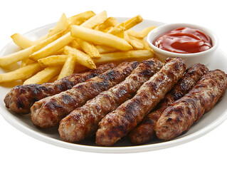 Delicious Cevapi and Fries with Ketchup Ready to Eat on a Plate