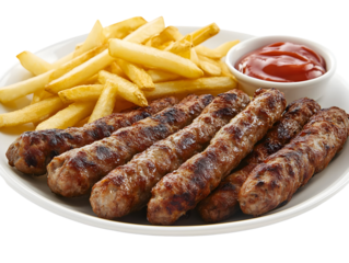 Delicious Cevapi and Fries with Ketchup Ready to Eat on a Plate