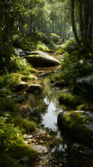 Fototapeta premium Whispering Waters: A Tranquil Stream Meanders Through an Enchanted Forest