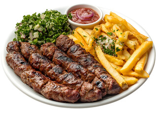 Traditional Balkan cuisine: Cevapi served with fries and fresh vegetable salad