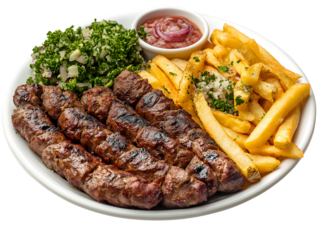 Traditional Balkan cuisine: Cevapi served with fries and fresh vegetable salad