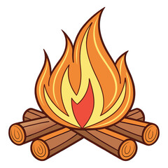 Stylized cartoon campfire with burning logs and orange yellow flames