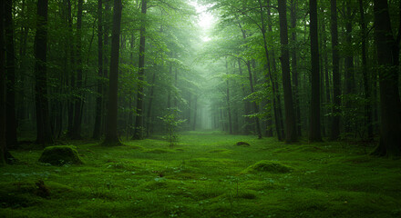 Obraz premium Lush, misty forest path