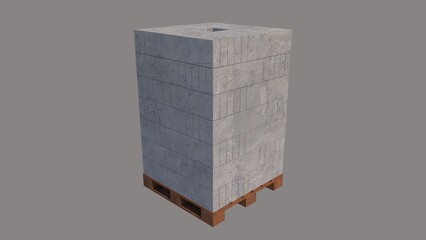 Rendered image of a neatly stacked bundle of 60cm x 20cm x 7.5cm lightweight bricks on a wooden pallet from an isometric view against a white set, defining construction materials, building supplies