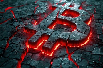 Dim Red Glowing Bitcoin Symbol Carved in Volcanic Rock Representing Bearish Crypto Market