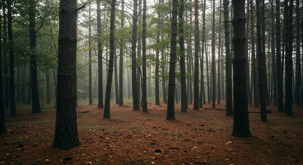 Fototapeta premium Misty forest of tall pines