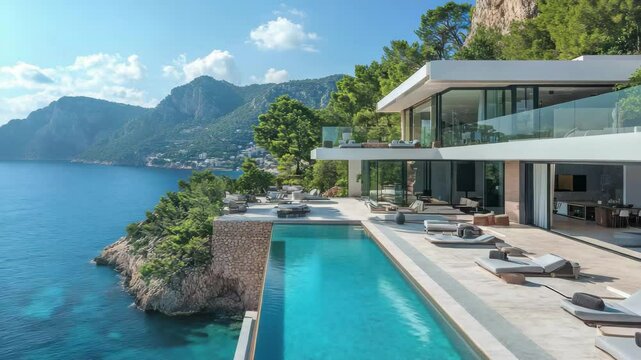 A modern villa with infinity pool overlooking the ocean and mountains on a sunny day vacation spot view a