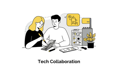 A young female and a young male colleague are working closely together on a tech project, pointing at code on a laptop screen in a bright, modern office environment.
