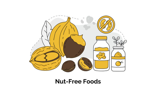 Nut-Free Foods graphic featuring various healthy alternatives to nuts in a simple illustration style.