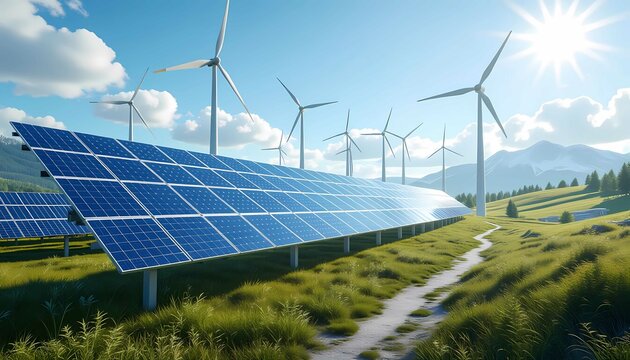 Solar Panels Wind Turbines Generate Renewable Green Energy Clean Future